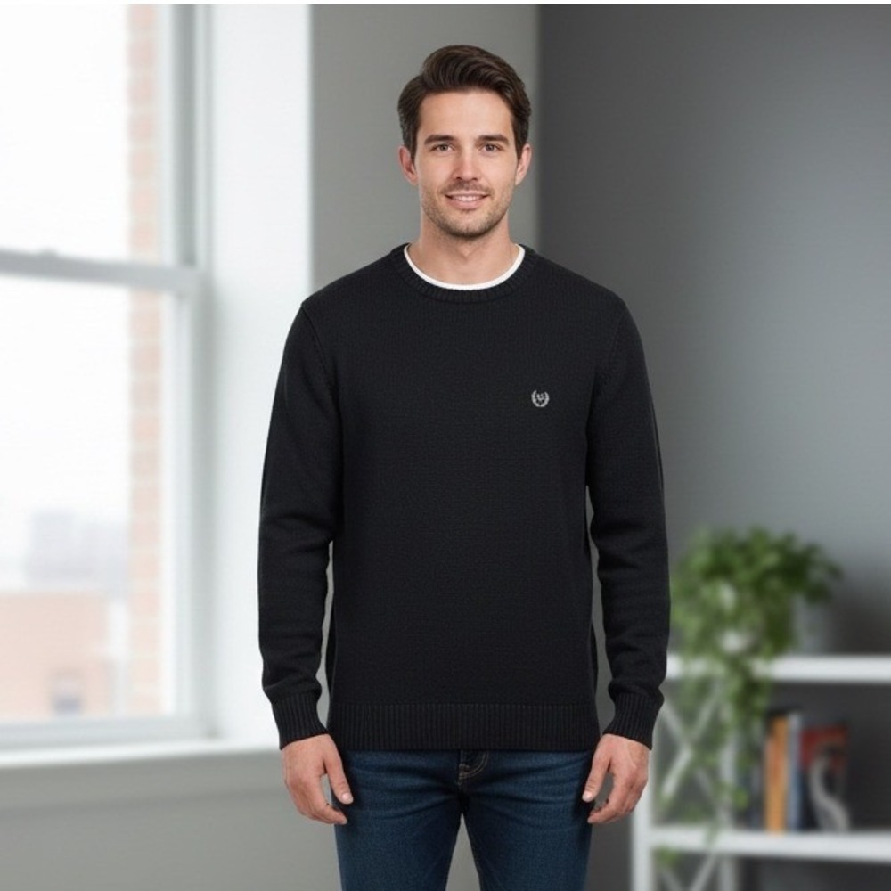 Chaps Mens Size Large Black Crewneck Sweater Crest Logo Long Sleeve Cotton